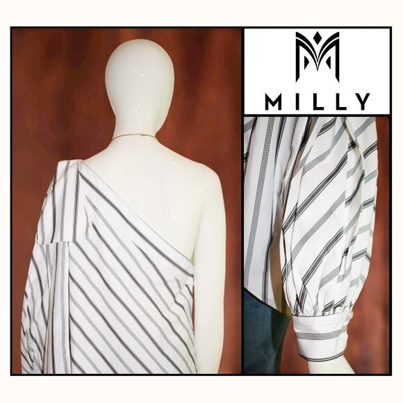 MILLY NEW NINA Stripe One-Shoulder Cotton Poplin Top 8 - Picture 10 of 12